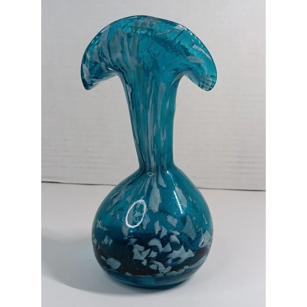 Handblown Art Glass Vase Blue White Spatter Splatter Speckled Pontil Bottom
